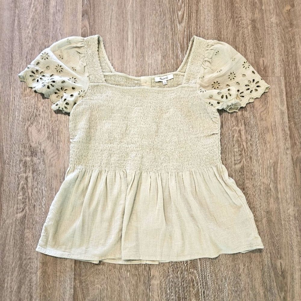 Madewell Women's Top Blouse Size S Sage Green Smocked Back Eyelet Puff Sleeves